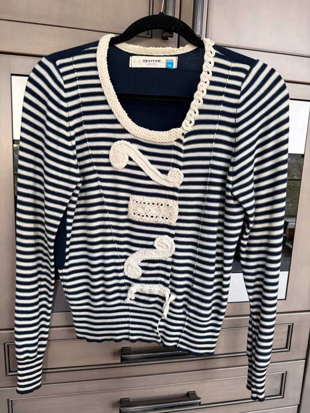 Anthropologie Sparrow Navy and White Striped Crochet-Trim Sweater Sz M